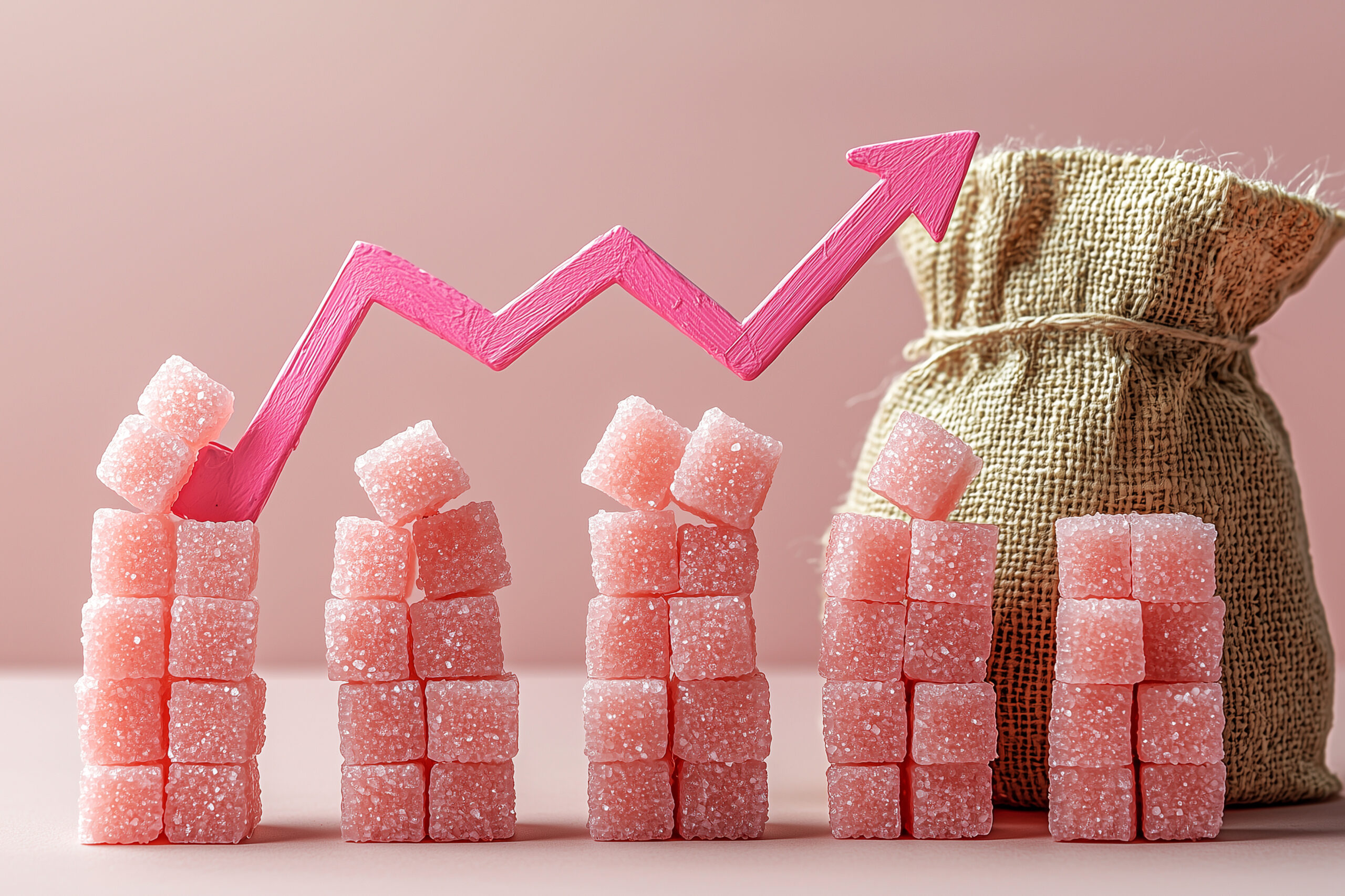 Pink candy cubes are stacked like bar charts beside a burlap money bag, with a bright upward arrow showing rising expenses and the increasing cost of opening a candy franchise.